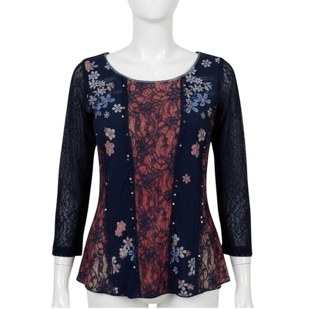 Edista Y2K Fairycore Top Medium Black Lace Floral Sequin Goth Boho Whimsygoth